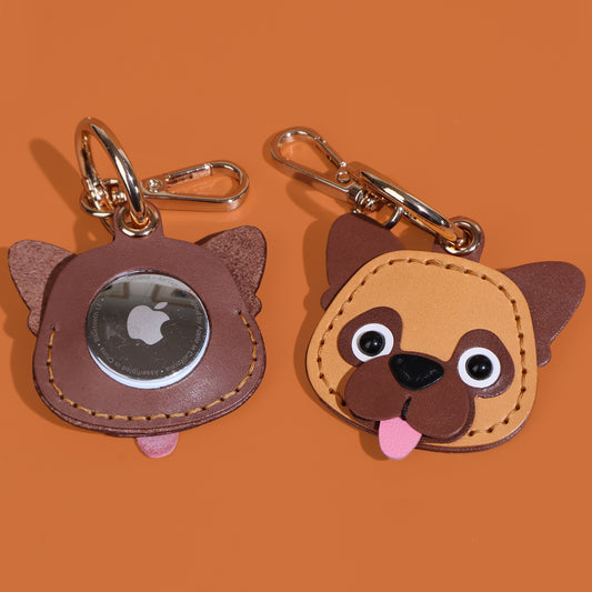 airtag holder handmade leather Keychain French Bulldog front and back with airtag