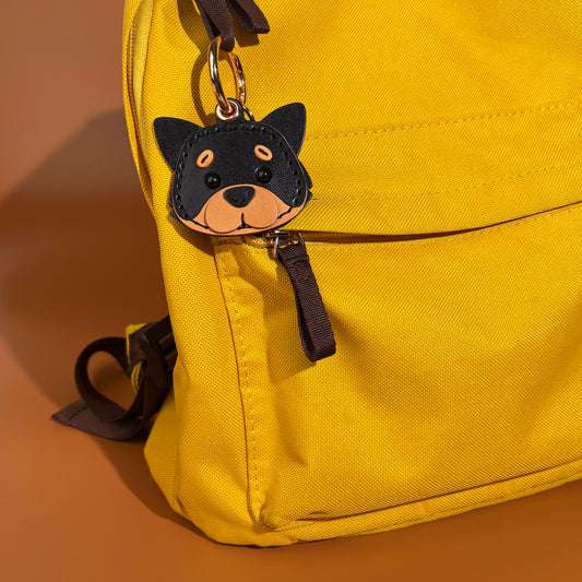 airtag holder handmade leather Keychain Rottweiler on yellow bag