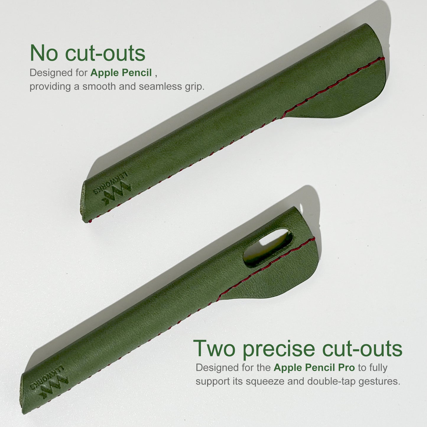 Two designs of handmade leather ergonomic grips for Apple Pencil: a smooth version without cut-outs, and a version with precise cut-outs to support Apple Pencil Pro's squeeze and double-tap gestures.