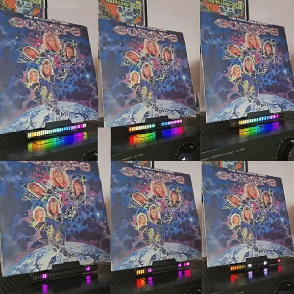 A 6-panel collage showcasing Europe's The Final Countdown vinyl album on a sound-reactive LED now playing stand, demonstrating different RGB VU meter lighting modes.