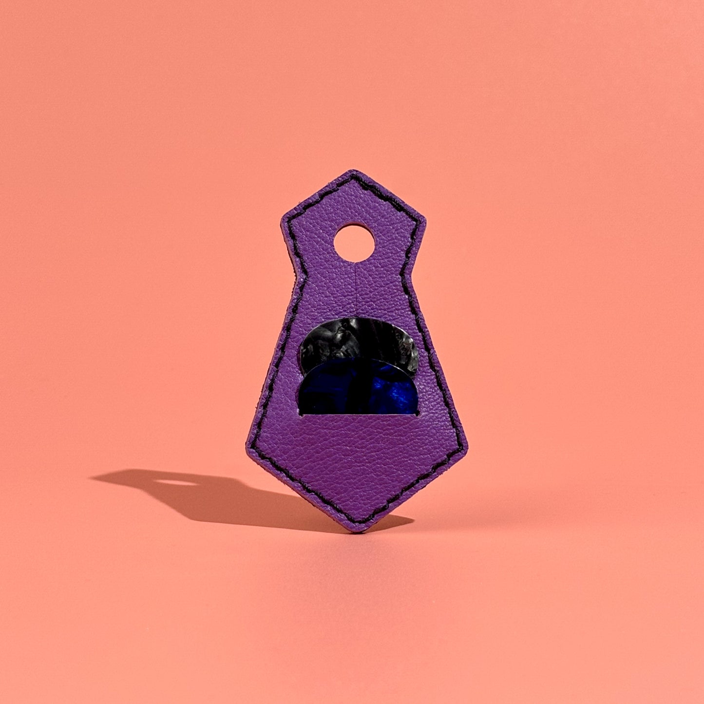 Purple unique tie-shaped leather guitar pick pouch with pick