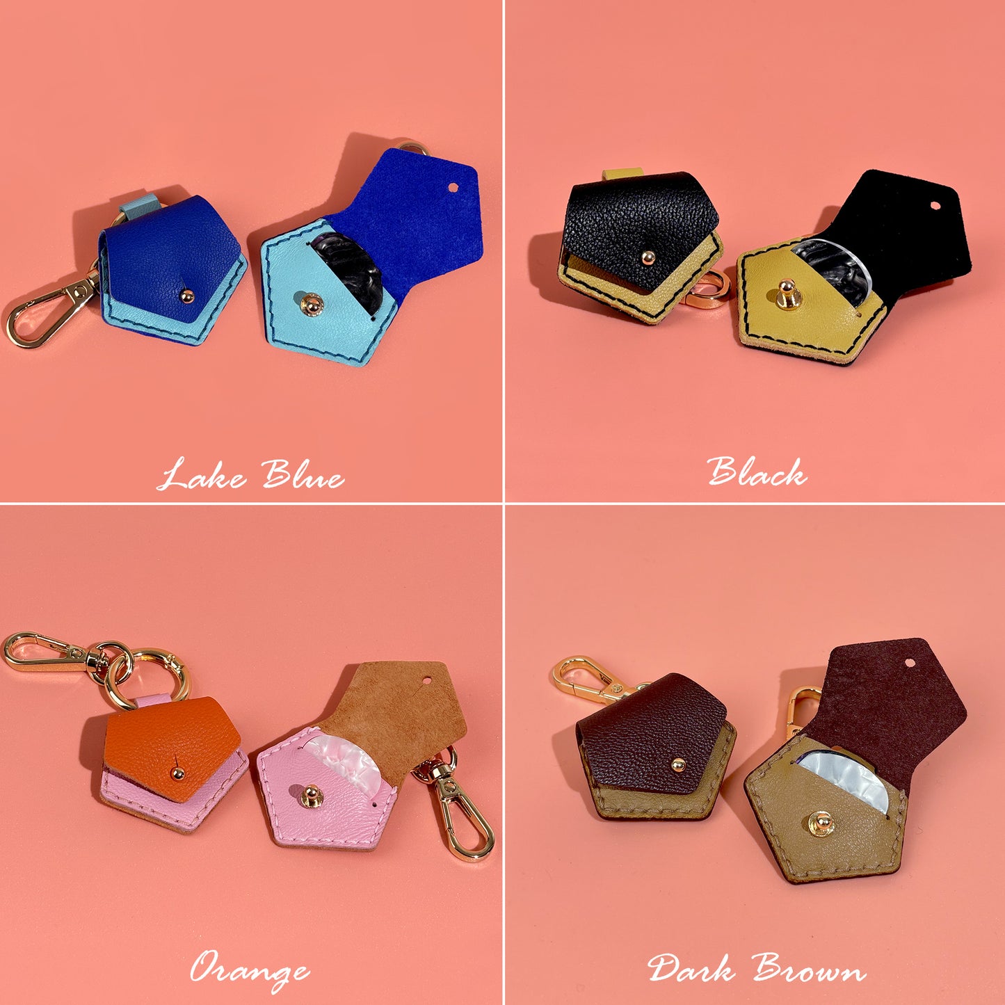 Stylish and practical leather guitar pick pouch keychains, featuring a secure snap closure, offered in Lake Blue, Black, Orange, and Dark Brown for easy pick storage.