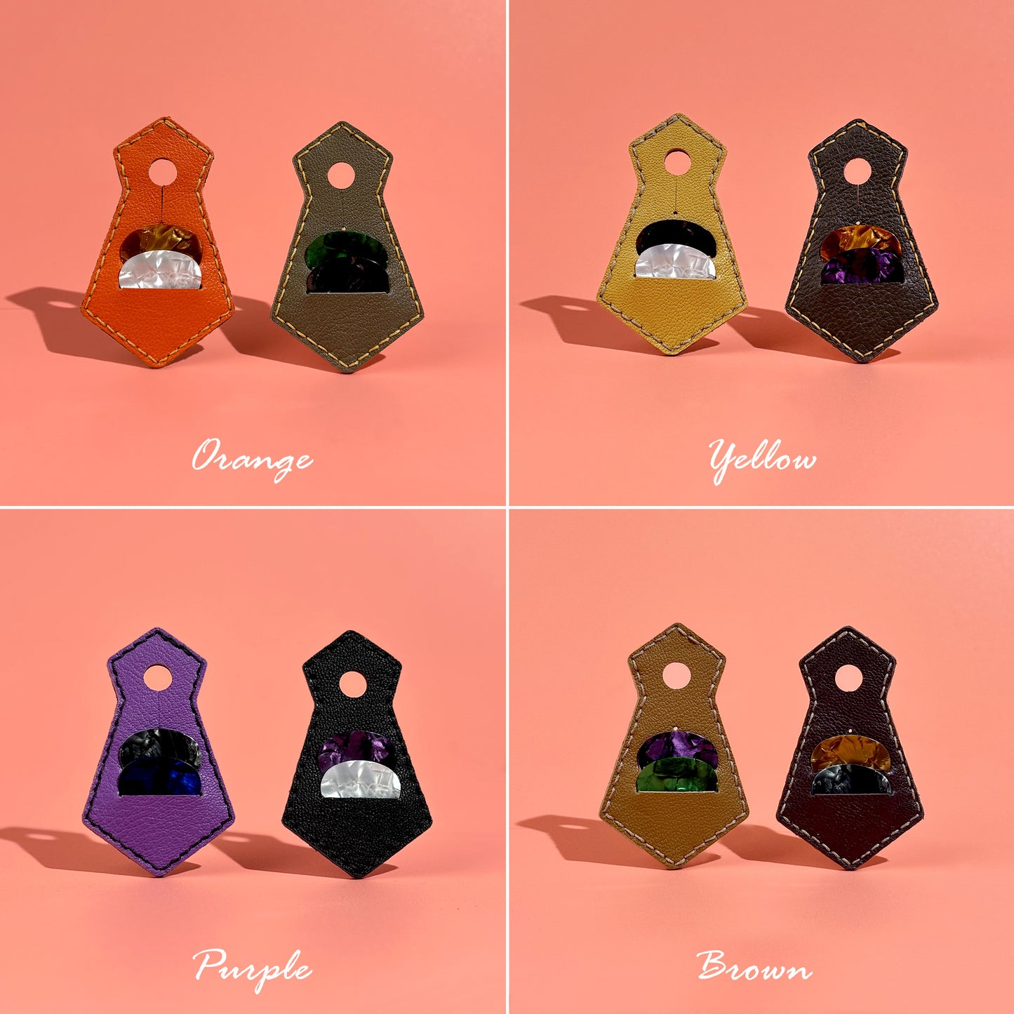 Handmade sheepskin leather guitar pick pouch in multiple colors: orange, yellow, purple, brown