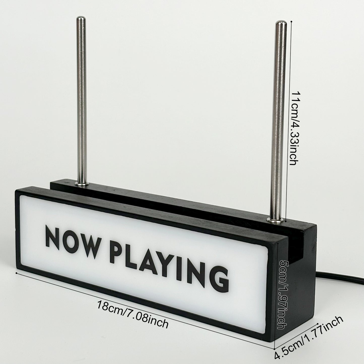 "NOW PLAYING" LED vinyl record display sign dimensions, showing compact size in centimeters and inches for easy placement.