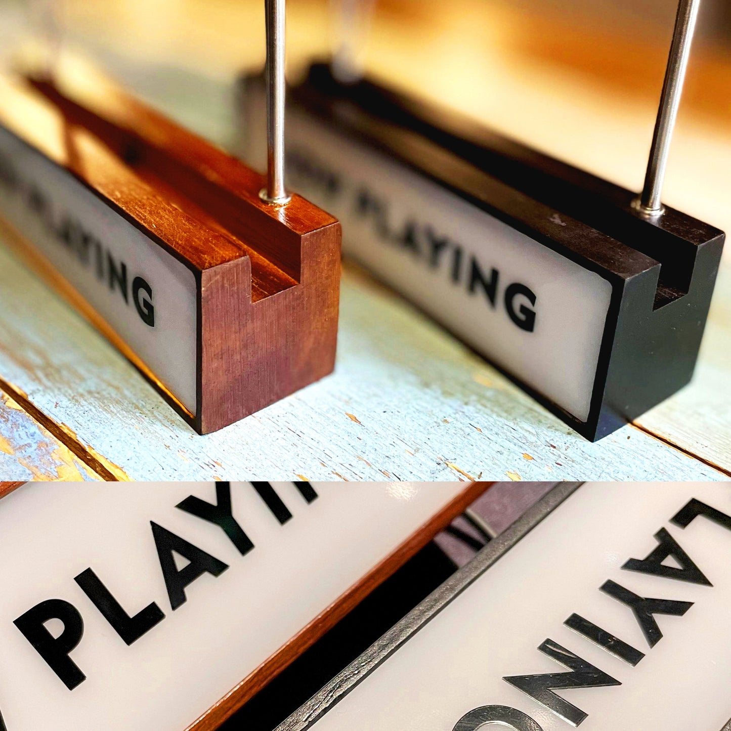 Premium LED vinyl display stand with natural wood base, showcasing elegant design and available color options.