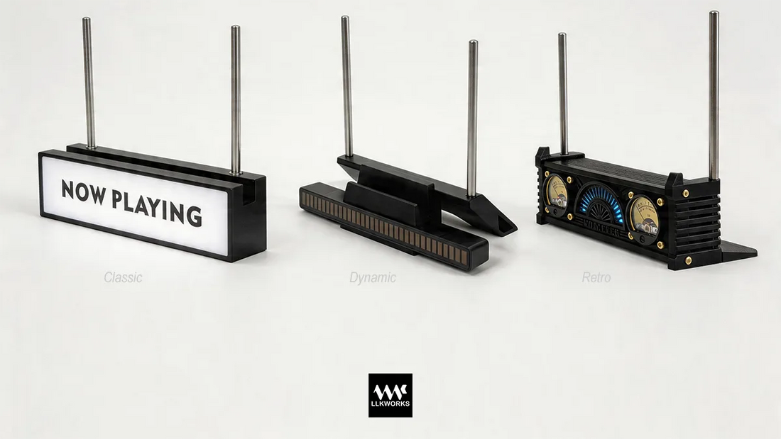 LLKworks Vinyl Record Stand lineup: Featuring the auto-light Classic, sound-reactive Music Visualizer, and retro VU Meter models. Premium handmade displays for the modern audiophile setup.