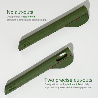 Two designs of handmade leather ergonomic grips for Apple Pencil: a smooth version without cut-outs, and a version with precise cut-outs to support Apple Pencil Pro's squeeze and double-tap gestures.