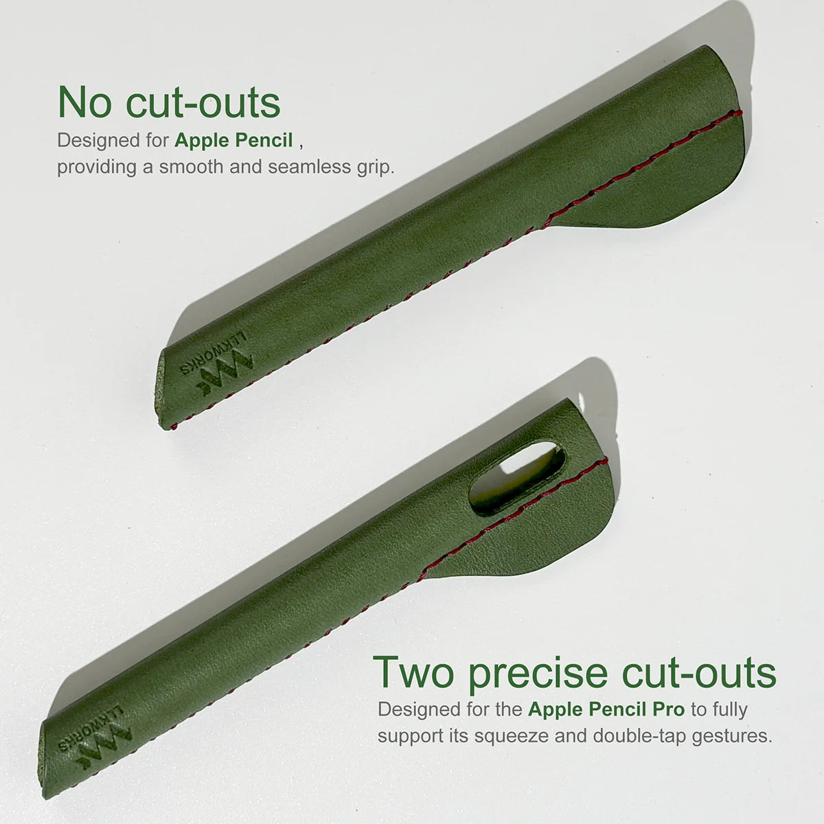 Two designs of handmade leather ergonomic grips for Apple Pencil: a smooth version without cut-outs, and a version with precise cut-outs to support Apple Pencil Pro's squeeze and double-tap gestures.