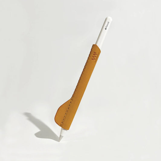 Handmade yellow leather ergonomic grip for Apple Pencil, designed to improve comfort and control during extended use.