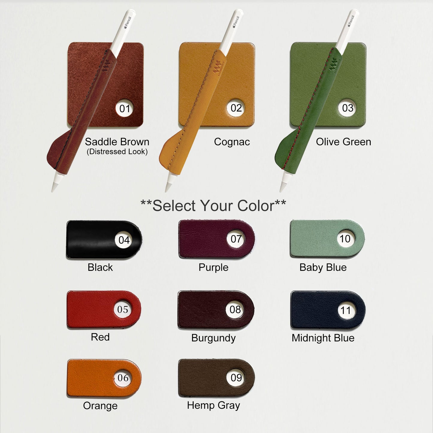 Ergonomic vegetable-tanned leather sleeve for Apple Pencil Pro and USB-C in 12 artisanal colors, including Saddle Brown, Burgundy, and Midnight Blue - Handcrafted by LLKworks.