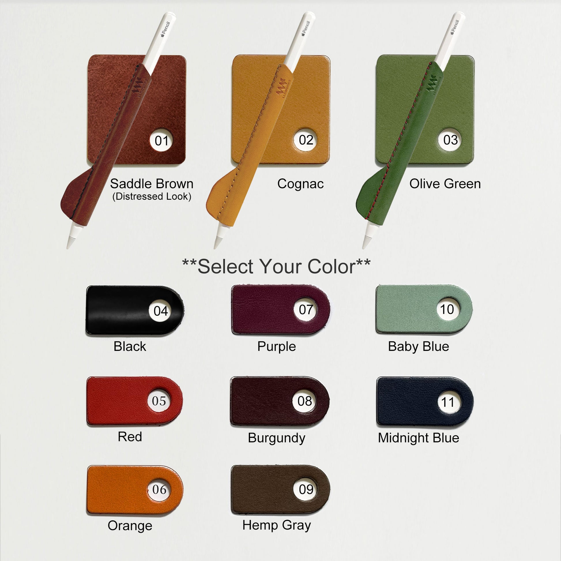 Ergonomic vegetable-tanned leather sleeve for Apple Pencil Pro and USB-C in 12 artisanal colors, including Saddle Brown, Burgundy, and Midnight Blue - Handcrafted by LLKworks.