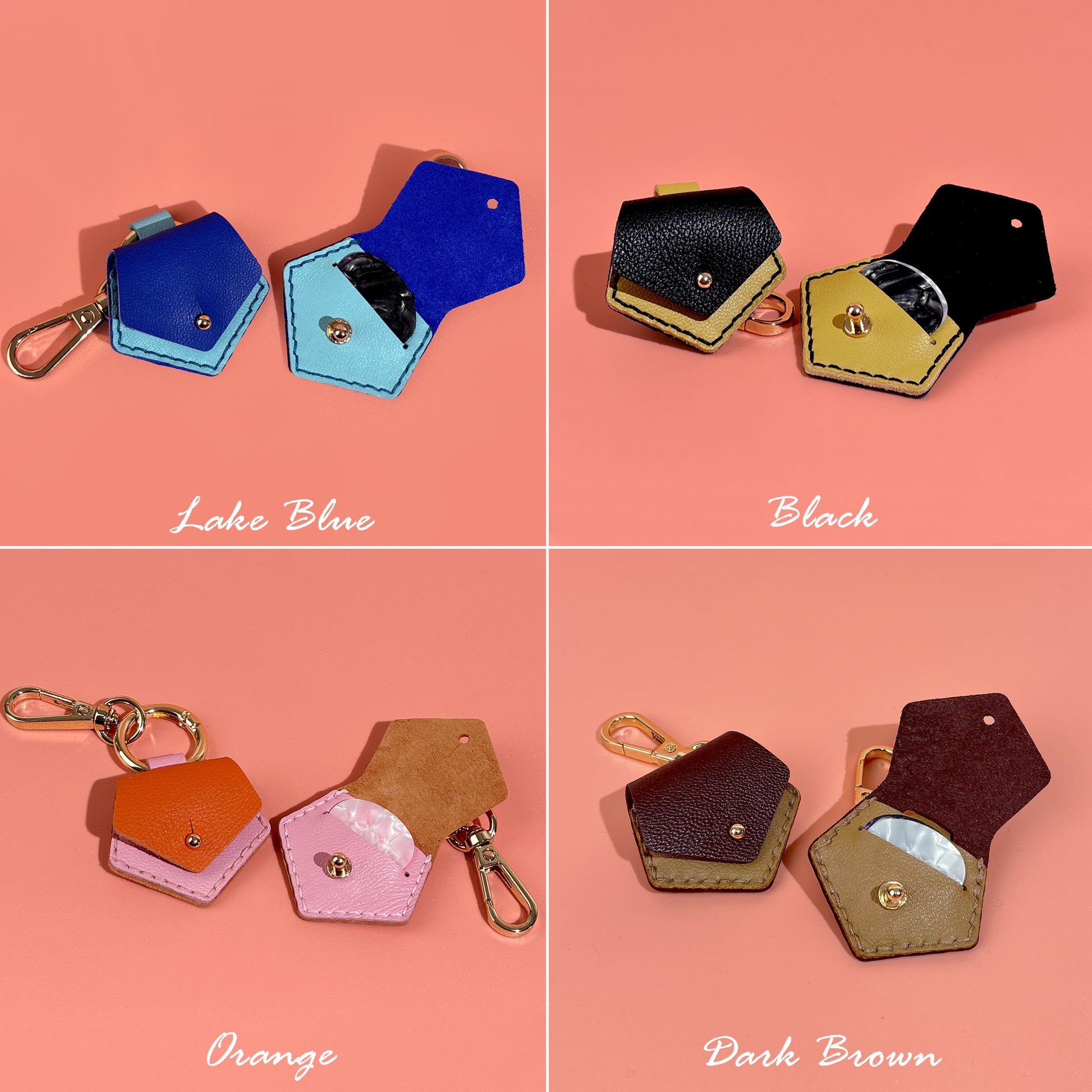 Stylish and practical leather guitar pick pouch keychains, featuring a secure snap closure, offered in Lake Blue, Black, Orange, and Dark Brown for easy pick storage.
