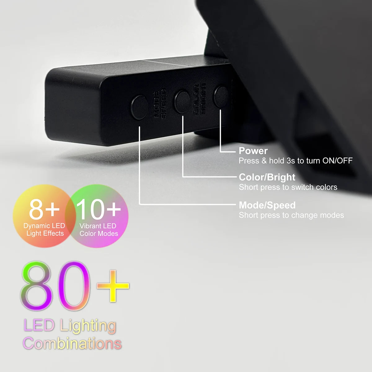 Close-up showing buttons for 80+ LED lighting combinations and power control.