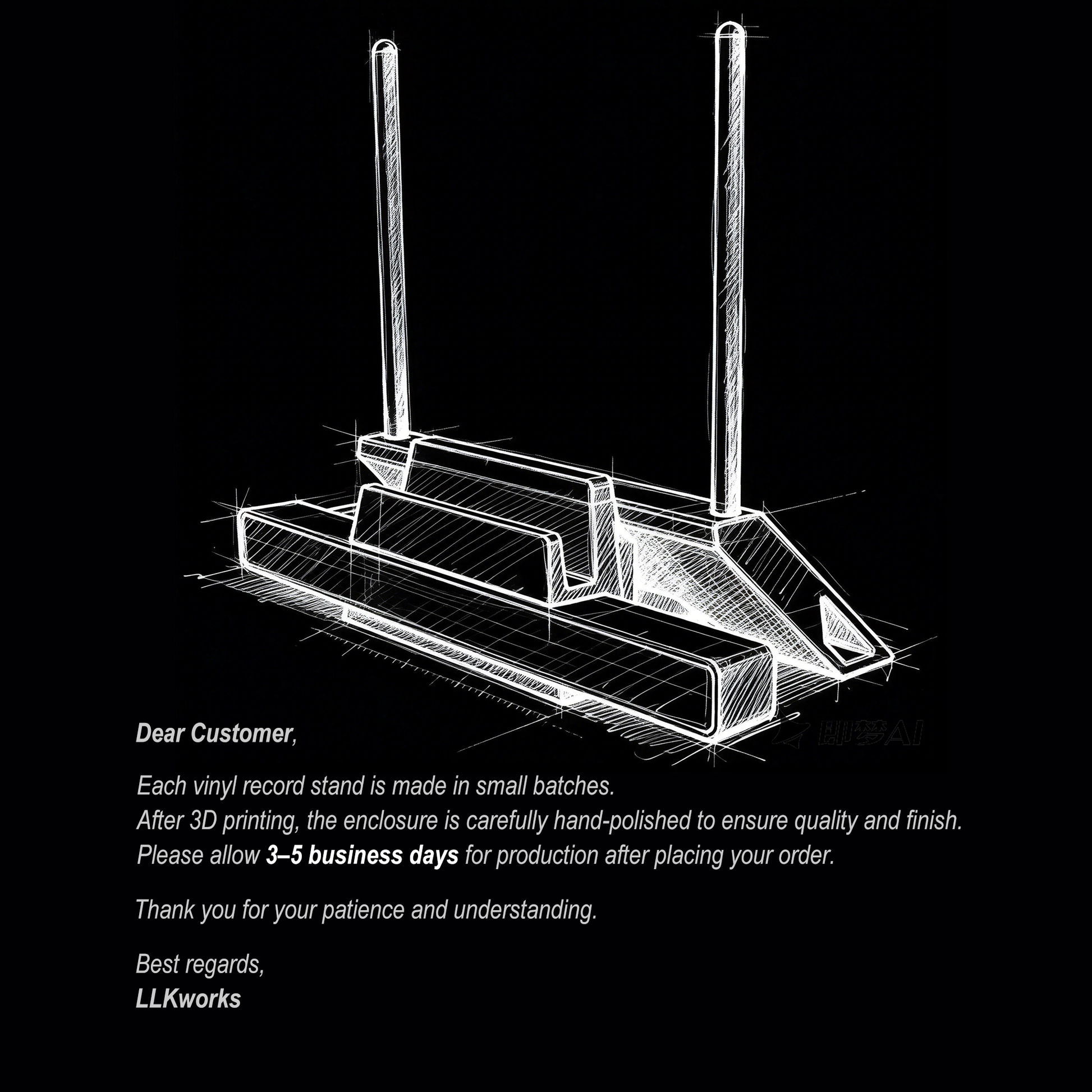 LLKworks vinyl record stand craftsmanship: 3D printed and hand-polished in small batches with a 3-5 business day production time.
