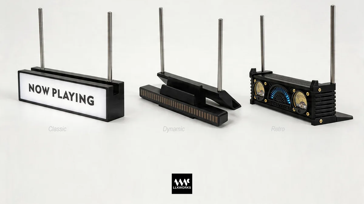 LLKworks Vinyl Record Stand lineup: Featuring the auto-light Classic, sound-reactive LED record stand, and retro VU Meter models. Premium handmade displays for the modern audiophile setup.