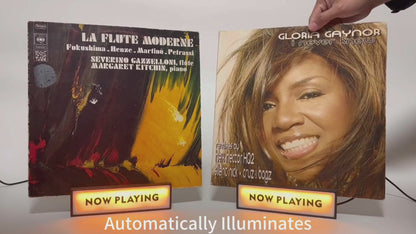 Demonstration of "Now Playing" vinyl record stands, illustrating how to set up and display album covers.