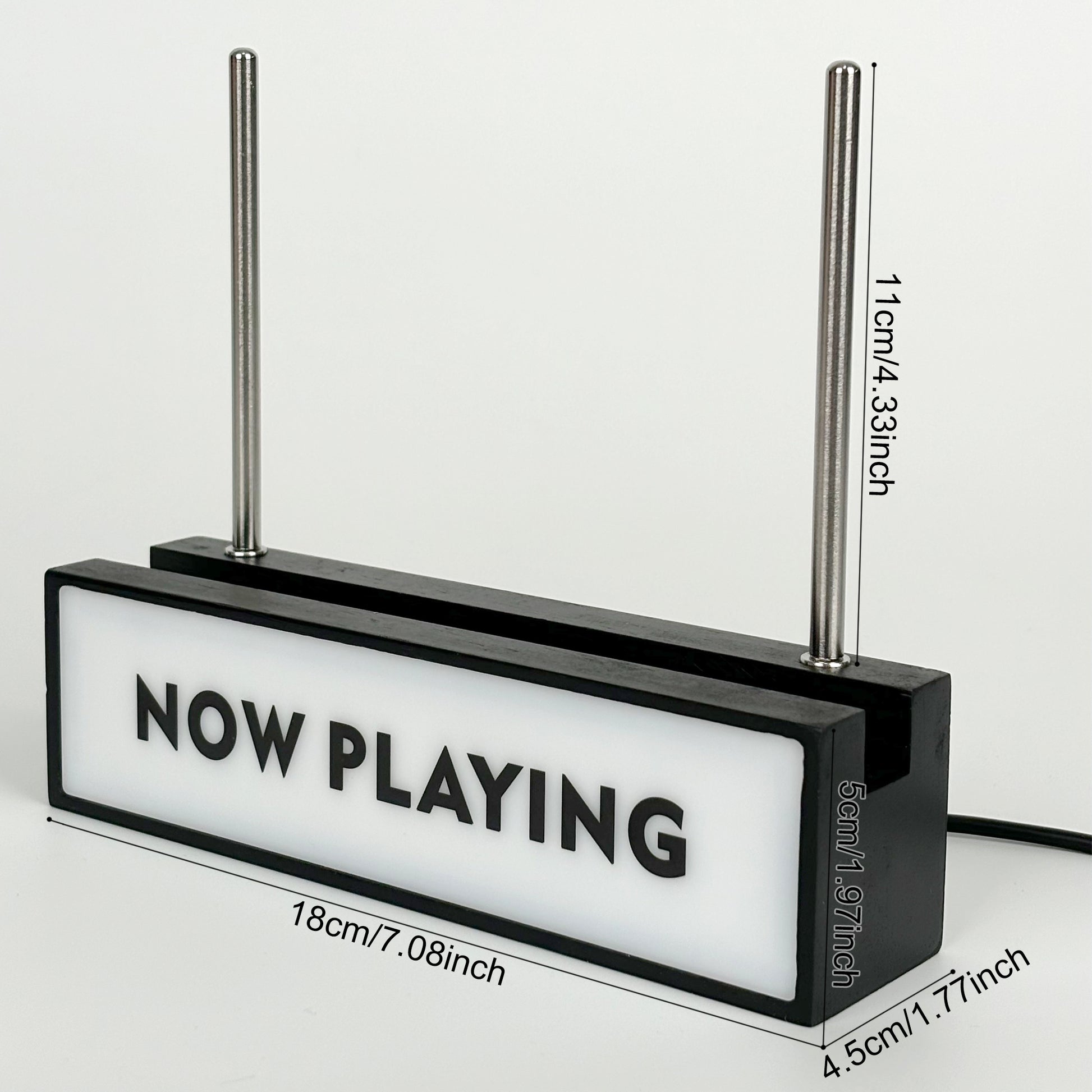 "NOW PLAYING" LED vinyl record display sign dimensions, showing compact size in centimeters and inches for easy placement.