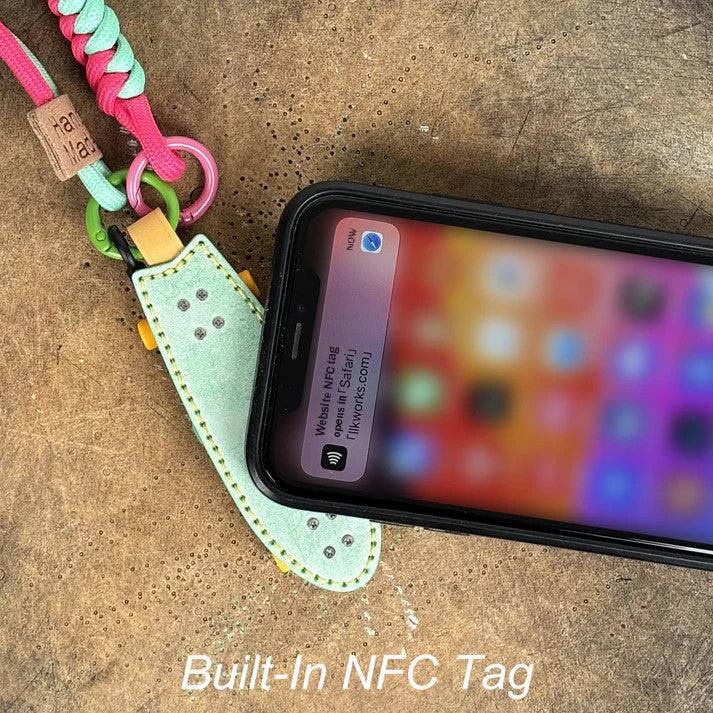 Personalized NFC Leather Fishtail Skateboard Keychain | Waxy Veg-Tan Bag Charm | EDC Gift for Female Skaters