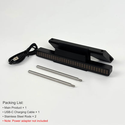 Complete package list: main unit, USB-C cable, and stainless steel support rods.